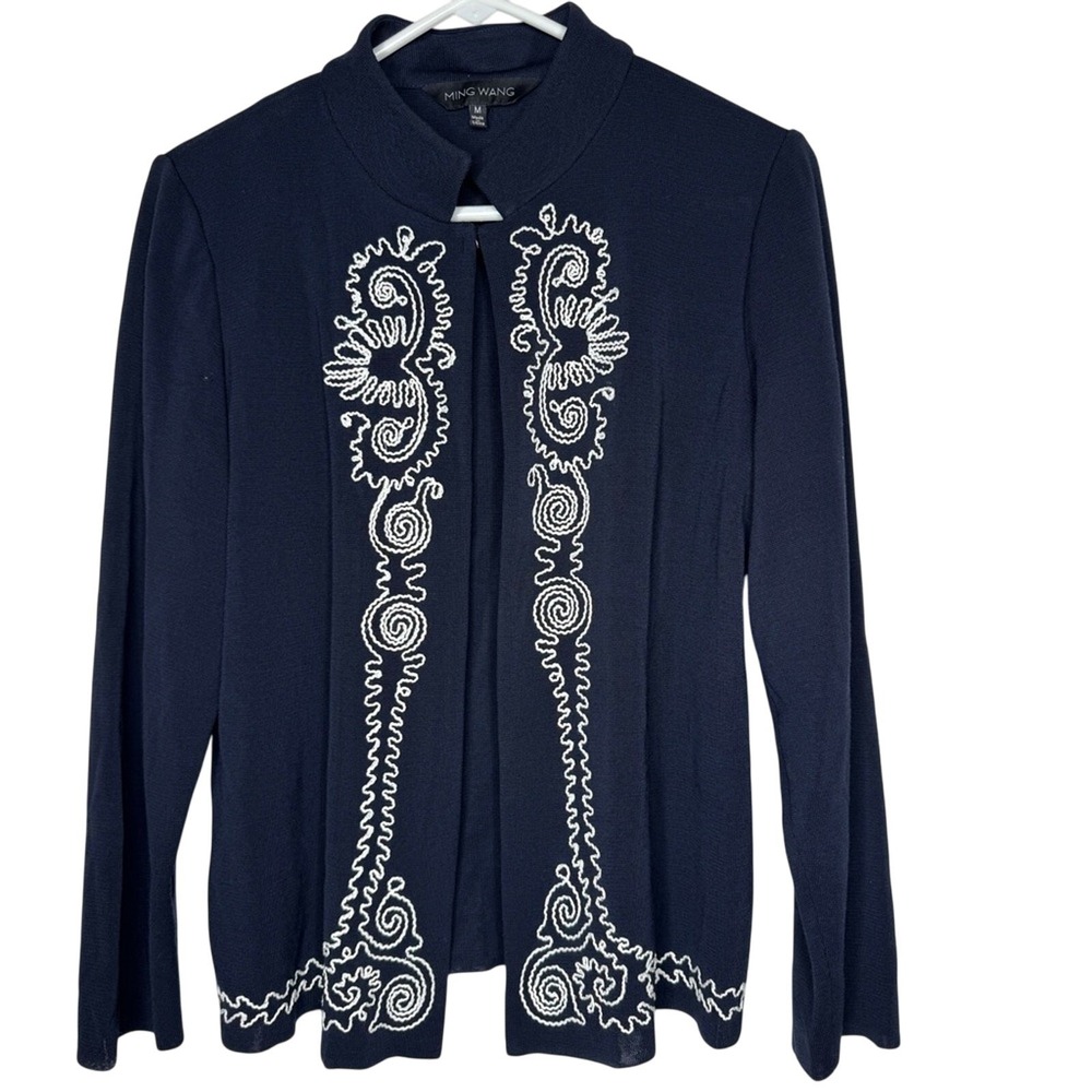 Ming Wang Womens‎ Navy Embroidered Blazer Sz M Office Work Mature Quiet Luxury
